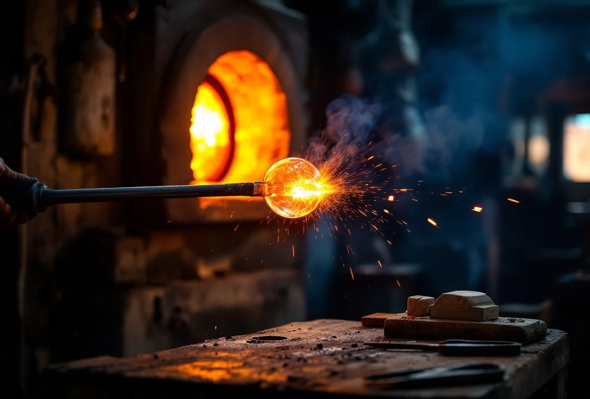 Glassblower shaping a glowing bubble of molten glass on a blowing iron in front of the open furnace
