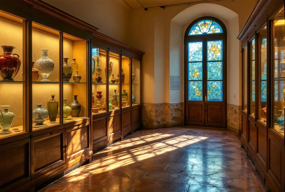 Exhibition hall of the glass museum with historic glass objects in illuminated display cases