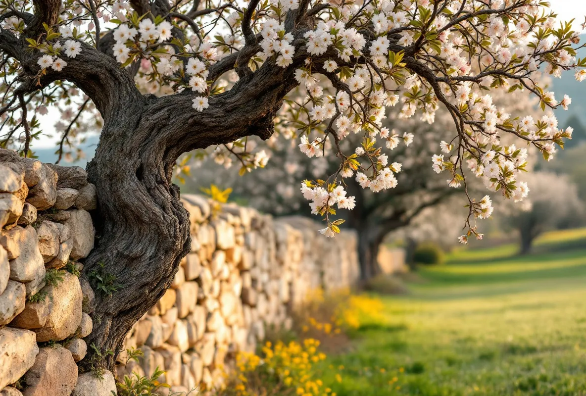 Almond trees with white and pale pink blossom behind an old dry-stone wall on the Pla de Mallorca