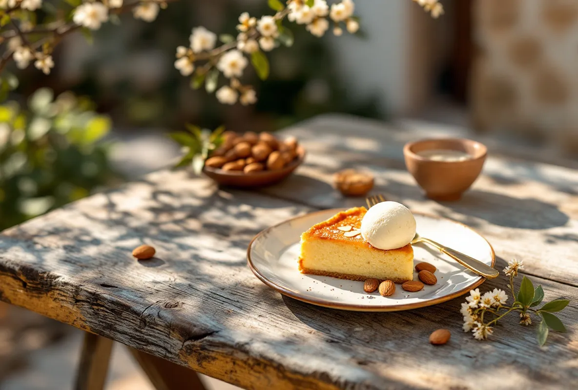 A slice of traditional Mallorcan almond cake with almond ice cream on a rustic wooden table, beside a bowl of roasted almonds