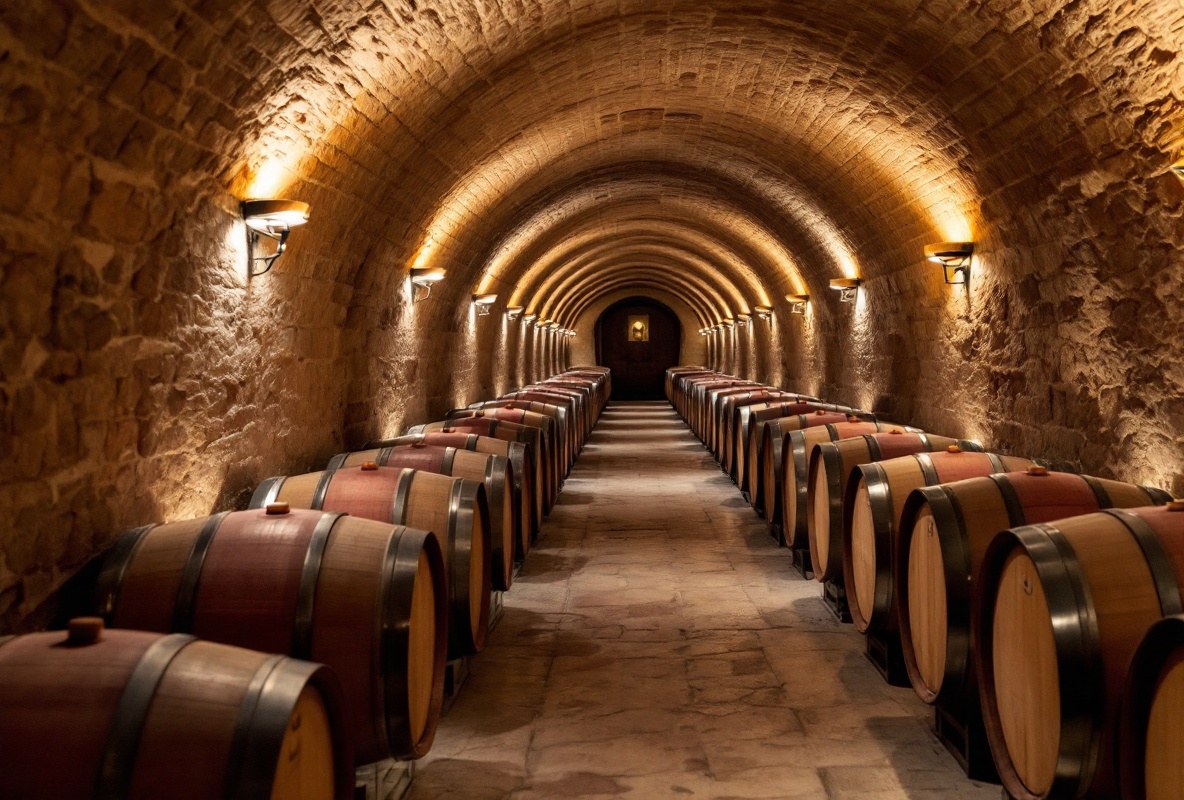 Oak barrels in the cellar of a Pla i Llevant bodega on Mallorca