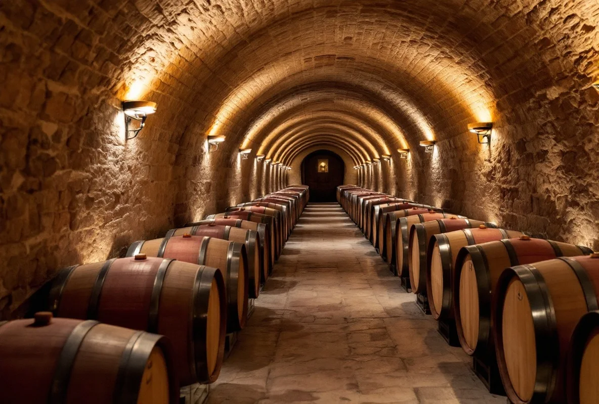 Eichenfässer im Weinkeller einer Bodega im Pla i Llevant auf Mallorca