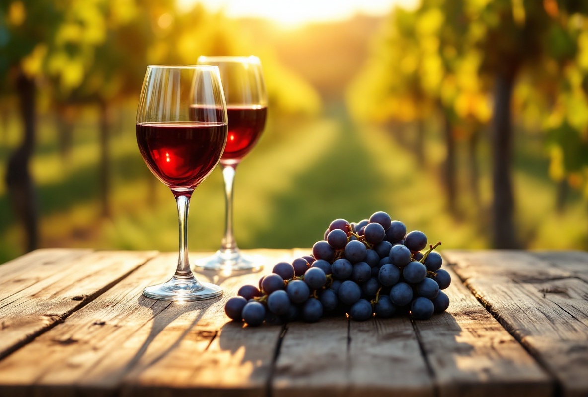 Wine tasting with red wine and grapes in front of vineyards near Algaida