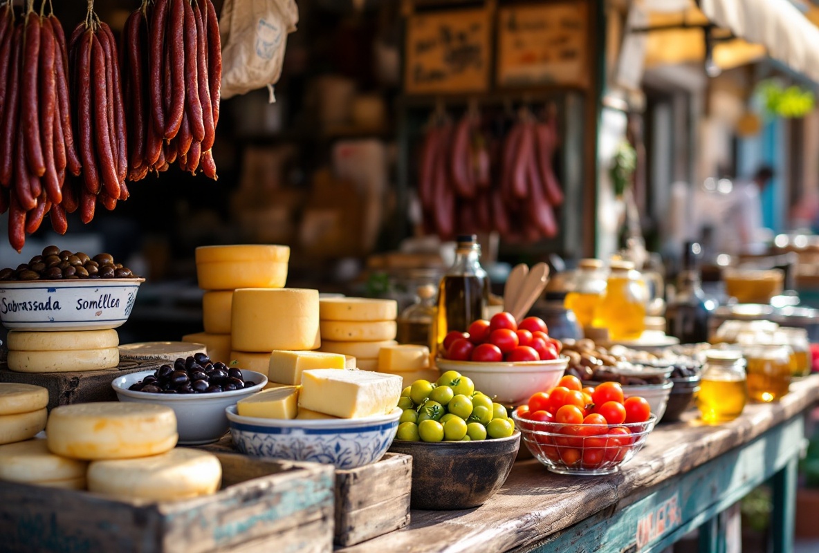 Puesto de mercado con especialidades mallorquinas: sobrasada, quesos, aceitunas y tomates en cajas de madera