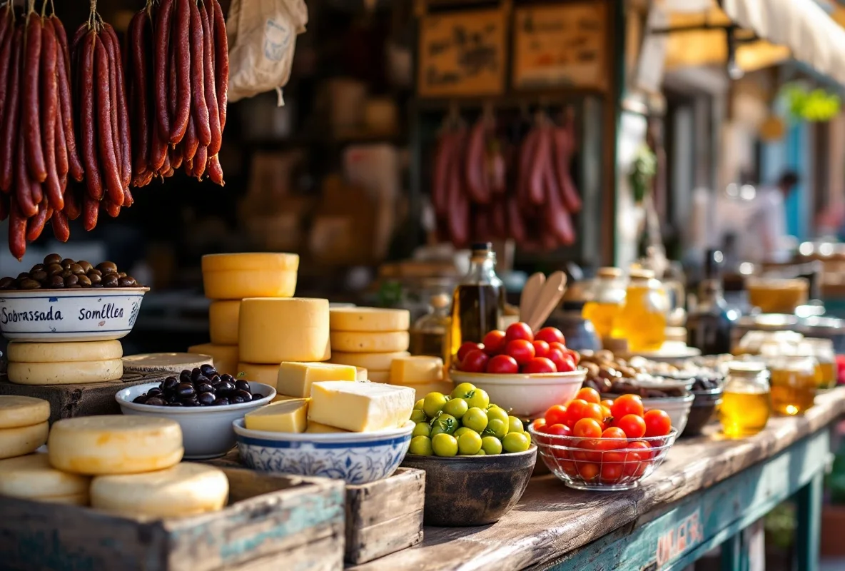 Market stall with Mallorcan specialities – sobrassada, wheels of cheese, olives and tomatoes in wooden crates