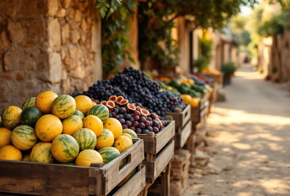 Cajas de madera con melones maduros, higos y uvas en un puesto de mercado veraniego