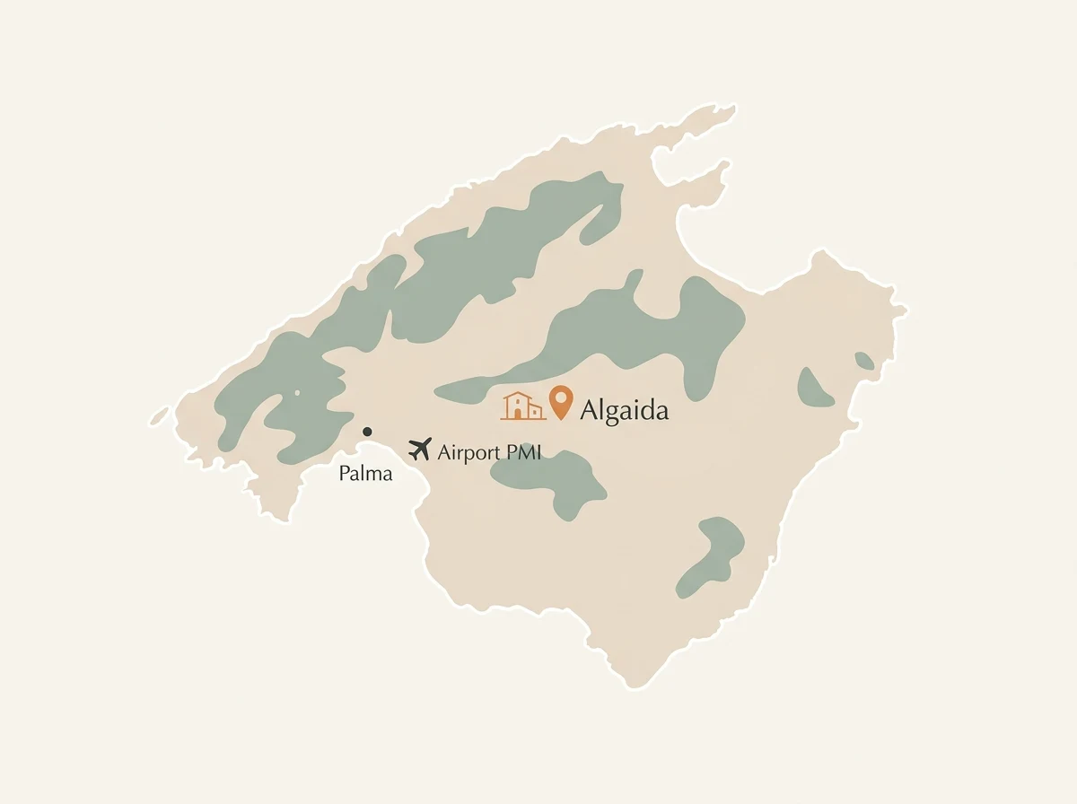 Illustrated map of Mallorca showing the finca near Algaida
